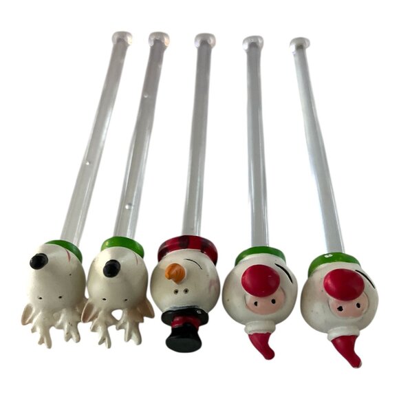 Vintage Christmas Drink Stirrers Set of 5 Snowman Santa Reindeer Holiday Barware - Picture 3 of 3